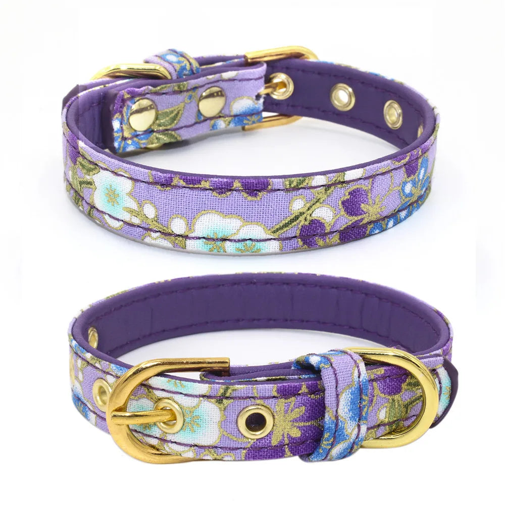 Collar Ajustable de Cuero con Estampado Floral para Perros y Gatos