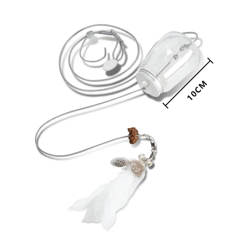 Juguete interactivo colgante con plumas, cascabel y dispensador de comida para gatos