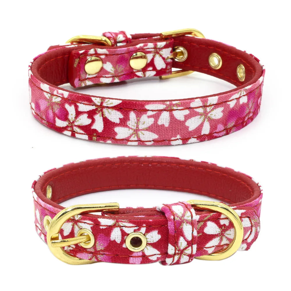 Collar Ajustable de Cuero con Estampado Floral para Perros y Gatos