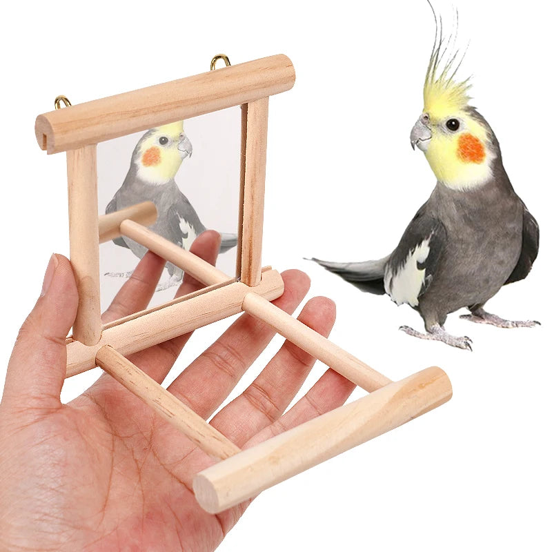Juguete de espejo de madera con percha para aves