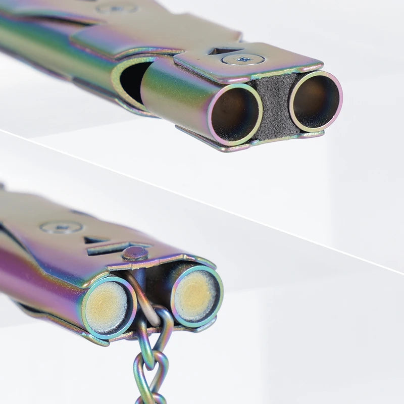 Silbato de aleación de aluminio de doble tubo para aves y actividades al aire libre