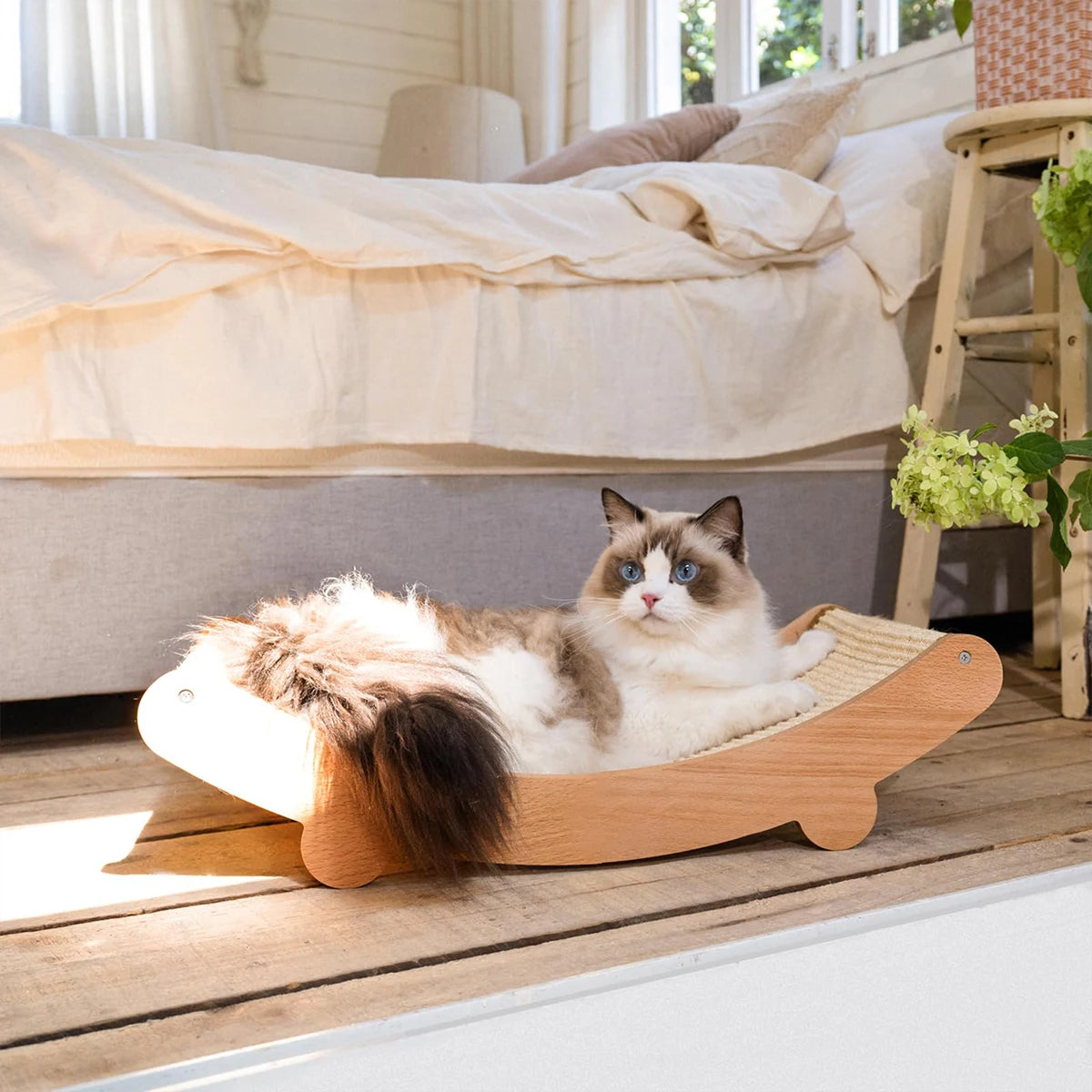 Rascador multifunción de madera para gatos con cama y rascador natural de sisal