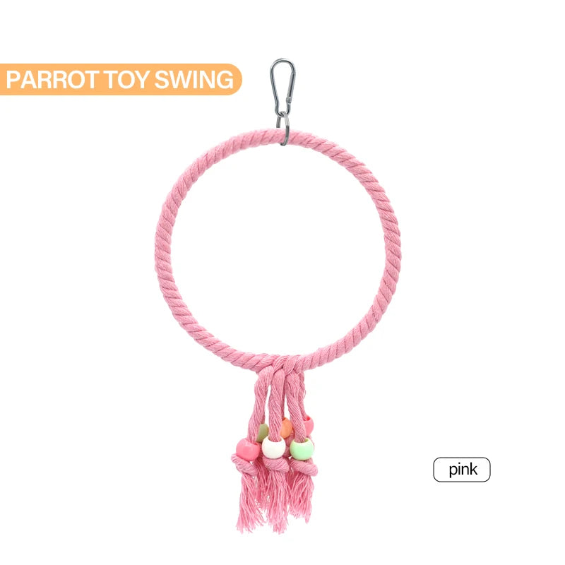 Juguete de cuerda de algodón para loros con anillo colgante y diseño resistente para morder y trepar