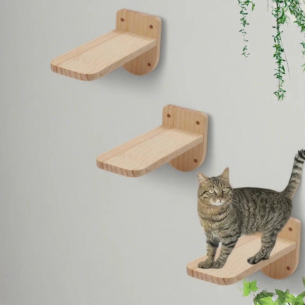 Escalera para gatos de madera con 3 niveles y soporte para pared