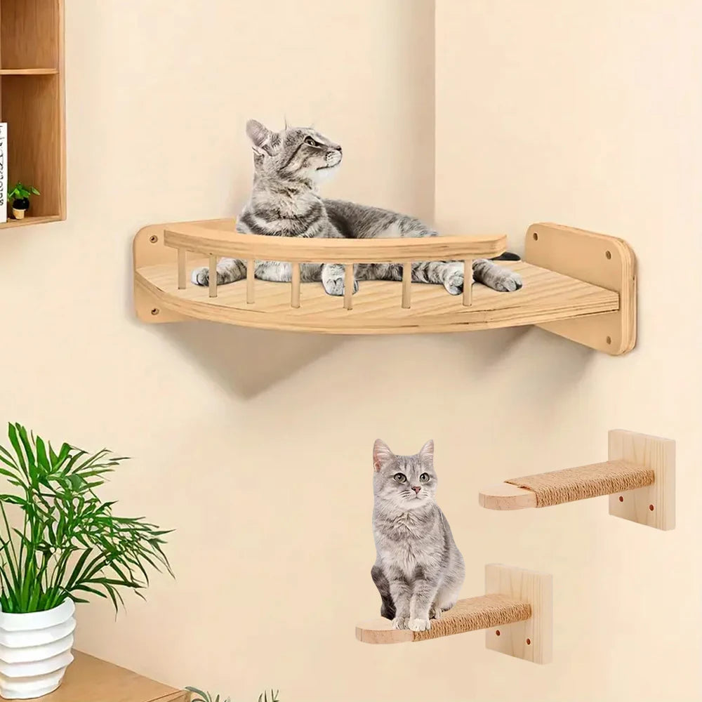 Rascador de tres niveles para gatos con escaleras y mirador