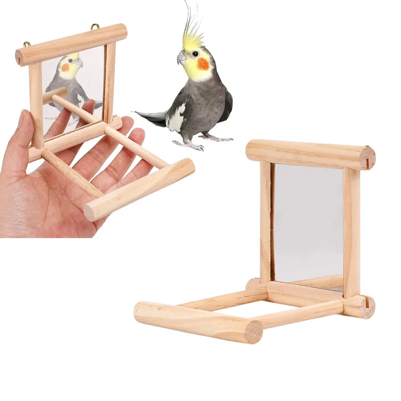 Juguete de espejo de madera con percha para aves
