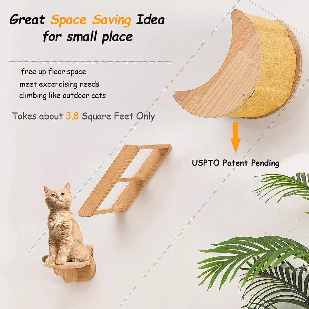 Estantería y escalera de madera sólida para gatos con diseño en pared