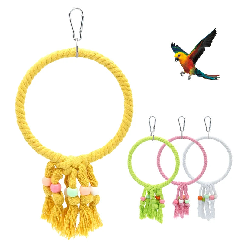 Juguete de cuerda de algodón para loros con anillo colgante y diseño resistente para morder y trepar