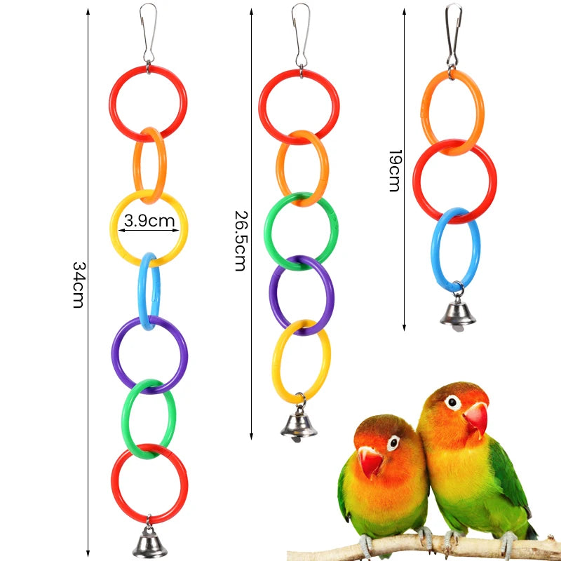 Juguete para pájaros con campana y anillo trepador colorido