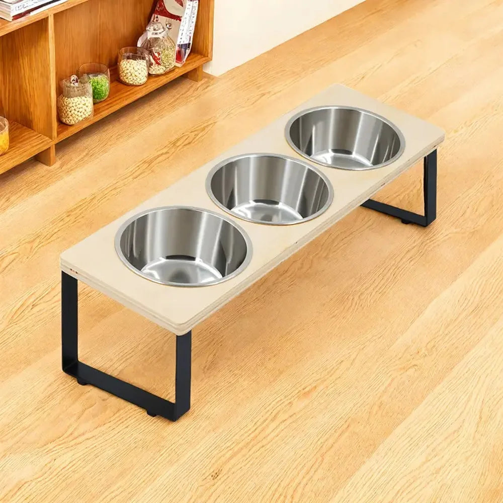 Tazón inclinado para gatos con base de madera y acero inoxidable