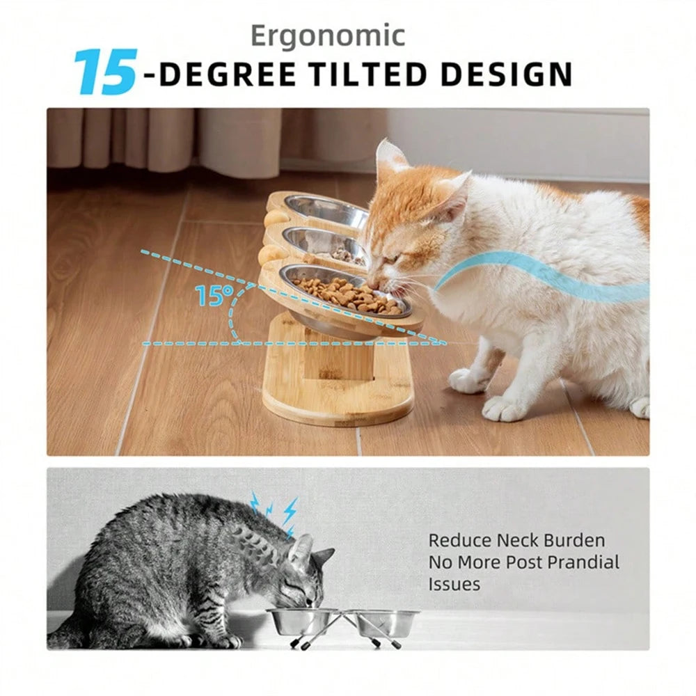 Conjunto de 3 cuencos de acero inoxidable inclinados para gatos con diseño de 15° y tamaño ajustable