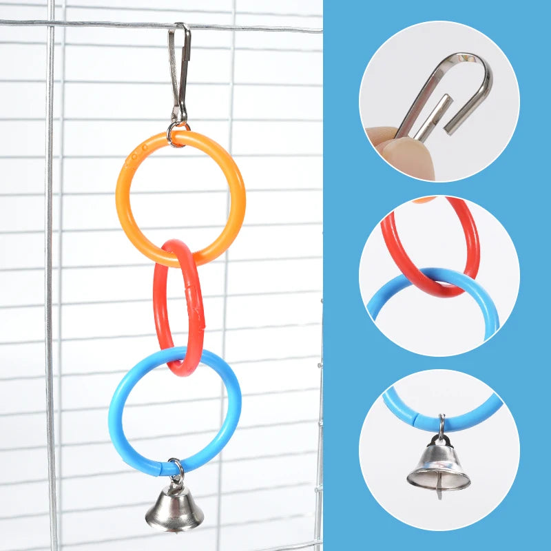 Juguete para pájaros con campana y anillo trepador colorido