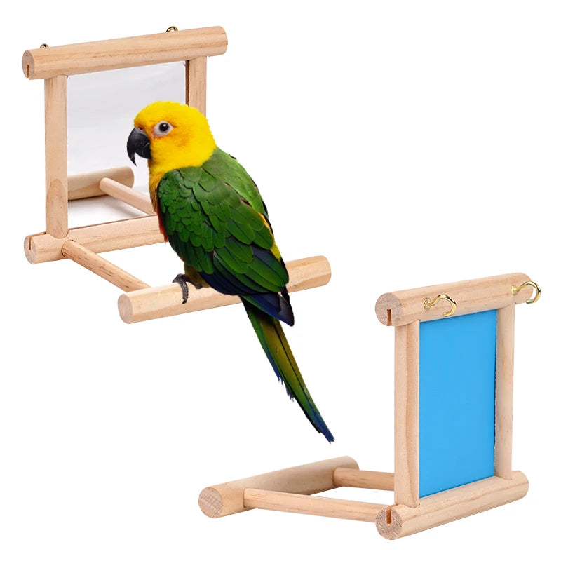 Juguete de espejo de madera con percha para aves
