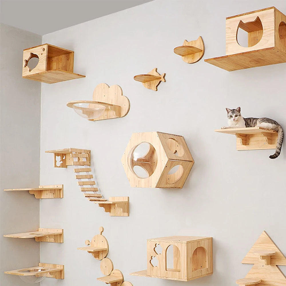 Estantería de madera para gatos con diseño en la pared y espacio para ejercicio
