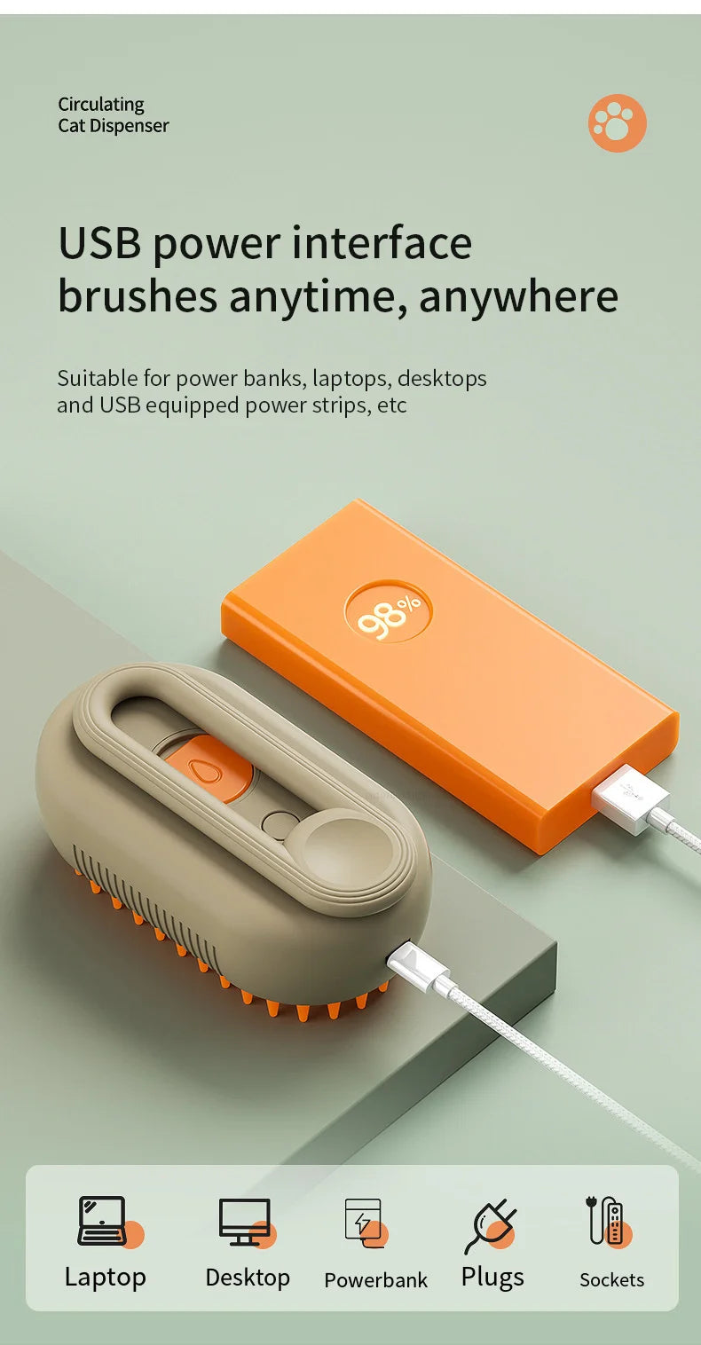 Cepillo de Grooming 3-en-1 con Función de Vapor y Eliminación de Pelo para Perros y Gatos