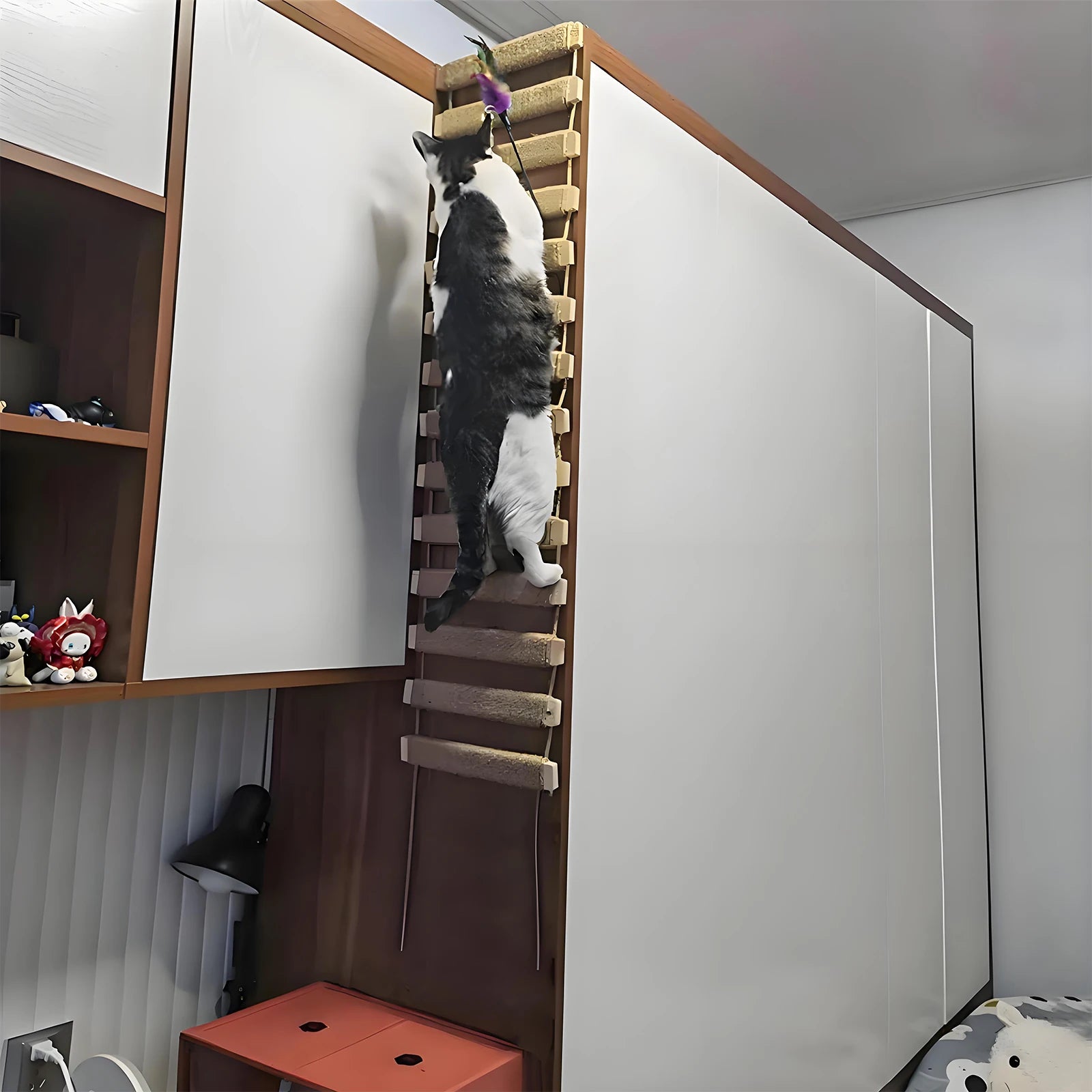 Escalera de araña para gatos de madera con cuerda de sisal y montaje en pared o techo