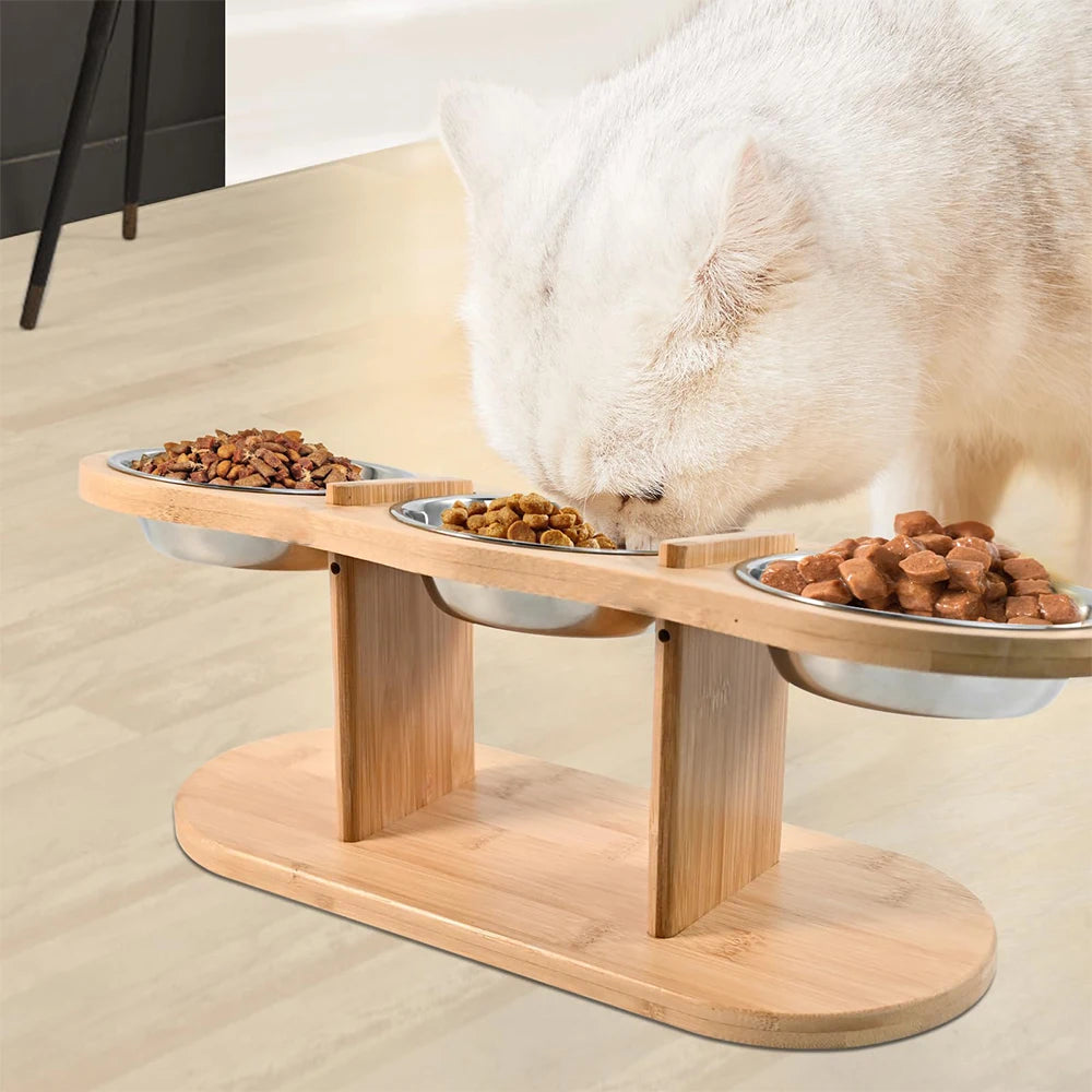 Fuente elevada con 3 cuencos de acero inoxidable para gatos y pequeños perros