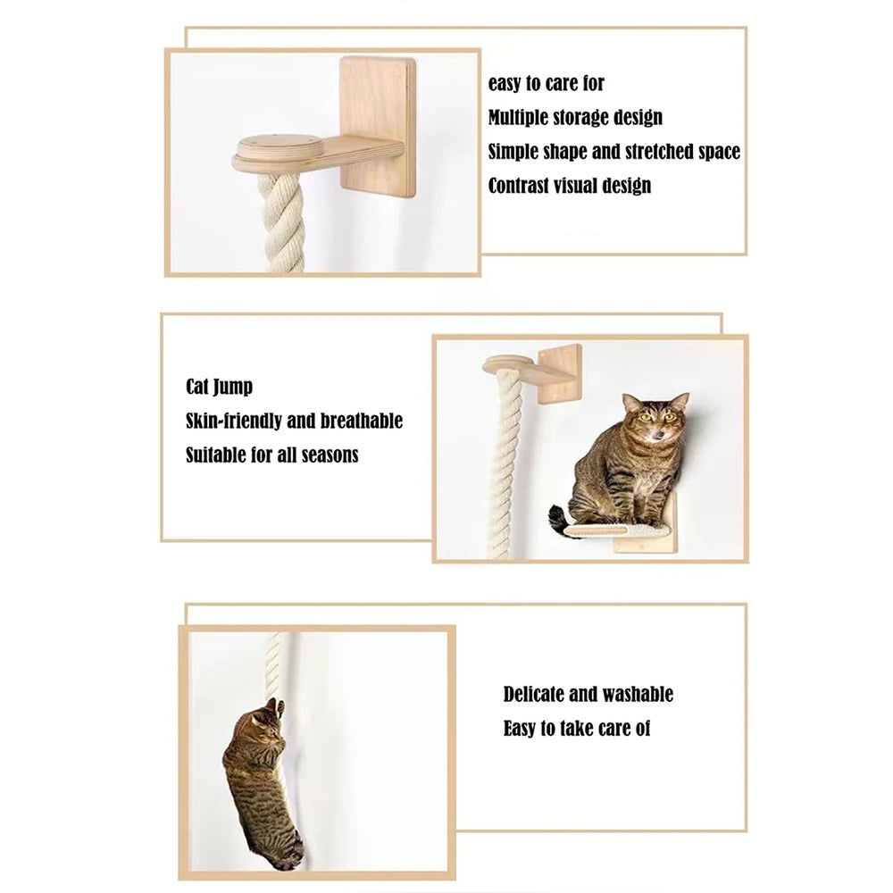 Árbol rascador para gatos con estructura de madera y cuerda de sisal, fácil de montar y resistente