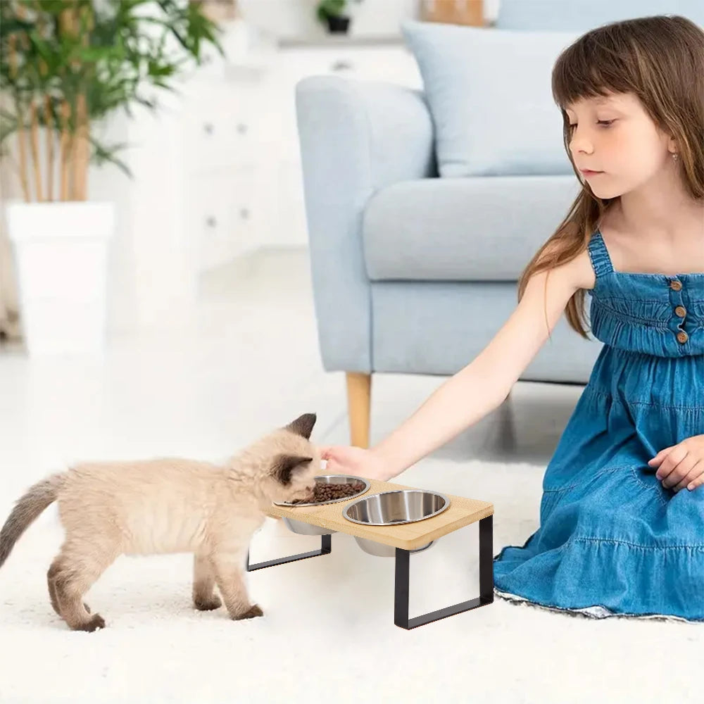 Juego de dos cuencos elevados y inclinados para gatos en acero inoxidable