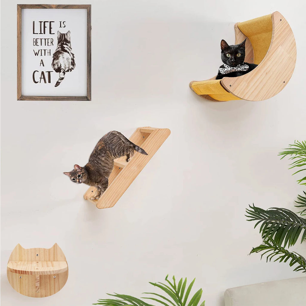 Estantería y escalera de madera sólida para gatos con diseño en pared
