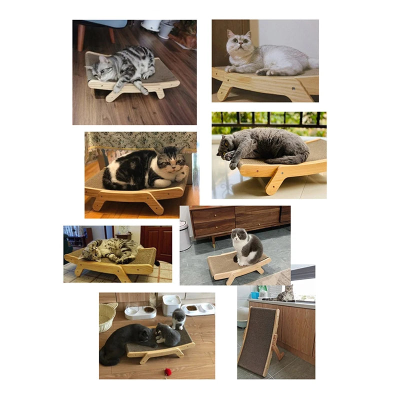 Rascador en madera para gatos con multiple niveles y accesorios de instalación