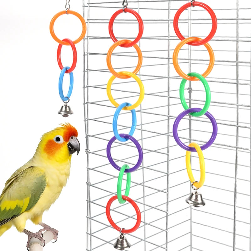 Juguete para pájaros con campana y anillo trepador colorido