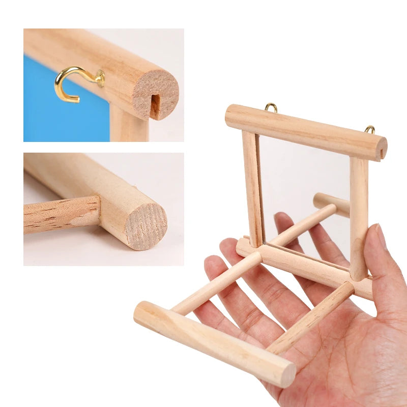 Juguete de espejo de madera con percha para aves