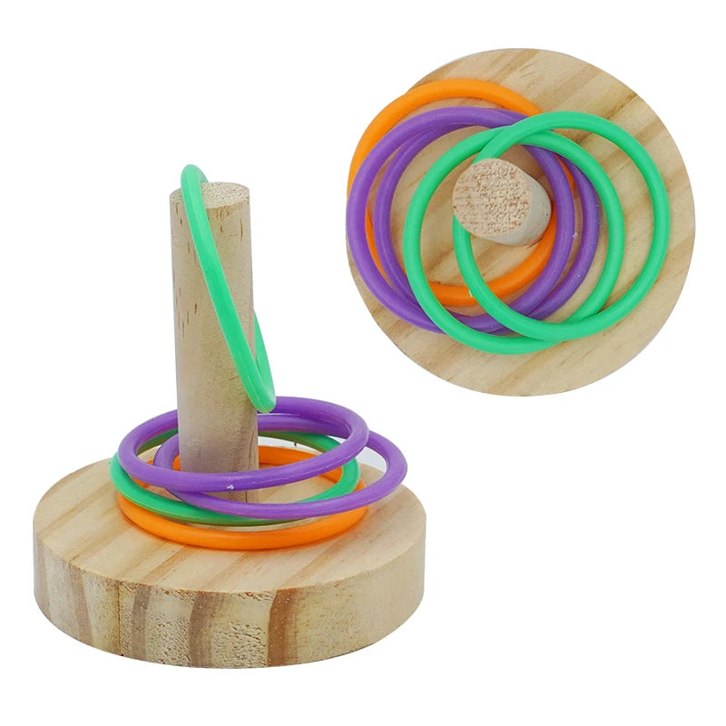 Juguete para loros con anillos de plástico y madera para entrenamiento y entretenimiento