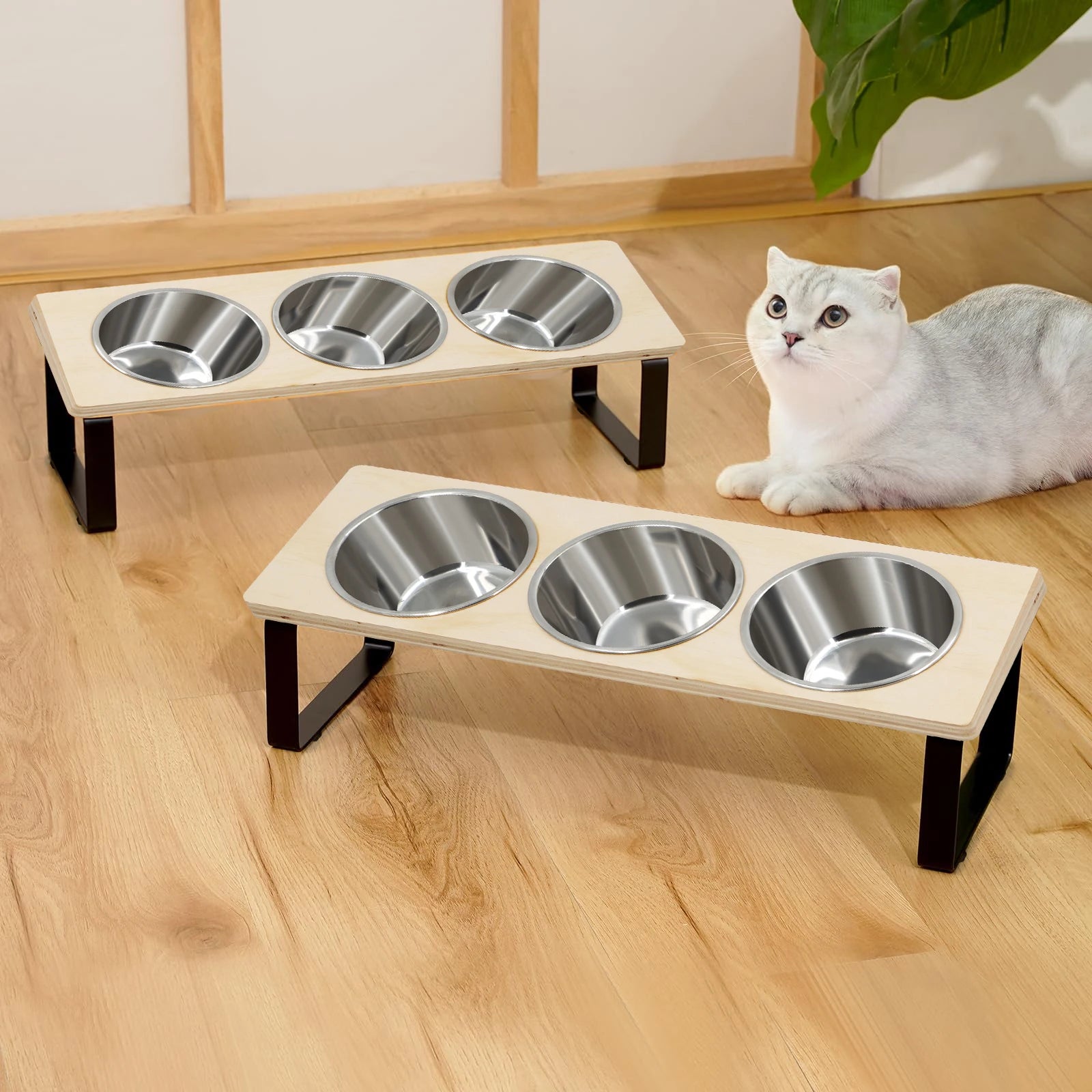 Set de 3 cuencos inclinados de acero inoxidable para gatos con soporte resistente