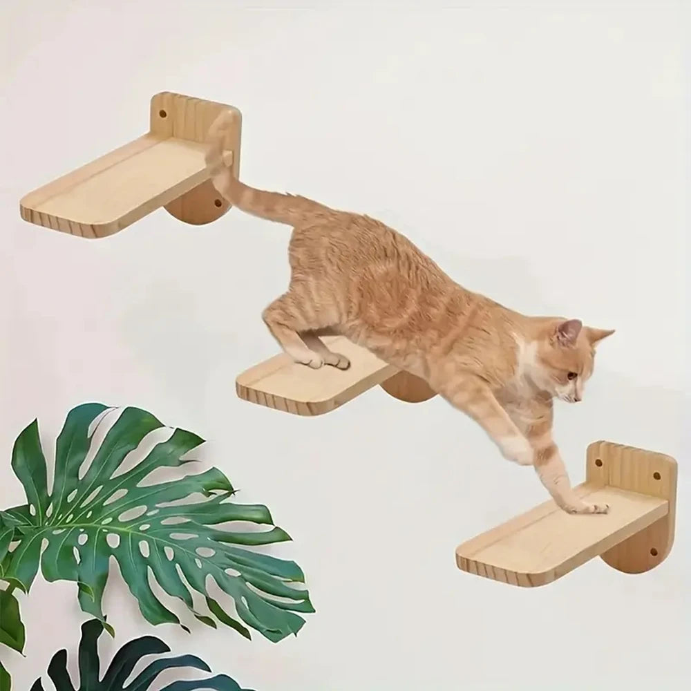 Escalera para gatos de madera con 3 niveles y soporte para pared