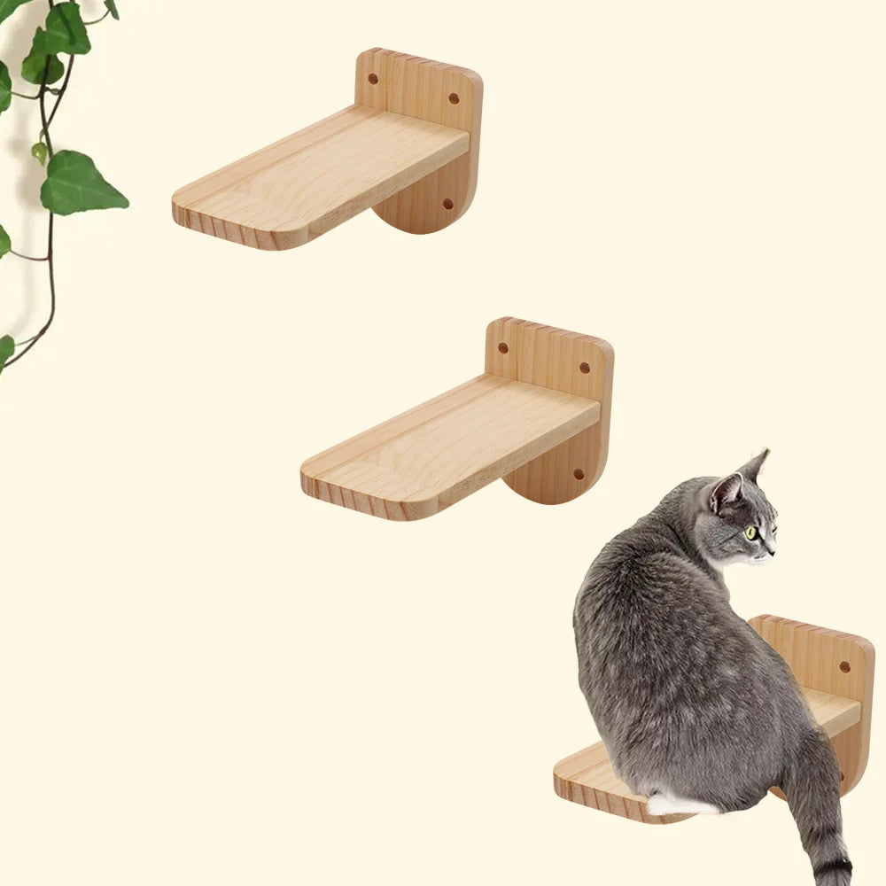 Escalera para gatos de madera con 3 niveles y soporte para pared