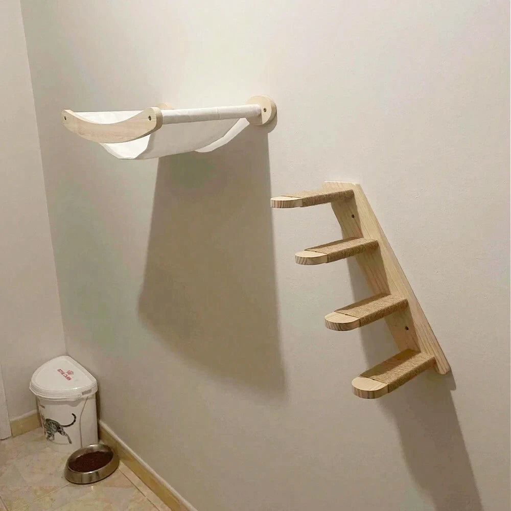 Árbol para gatos de doble nivel con hamaca y estantes de pared