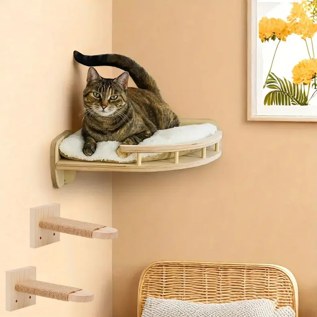 Rascador de tres niveles para gatos con escaleras y mirador