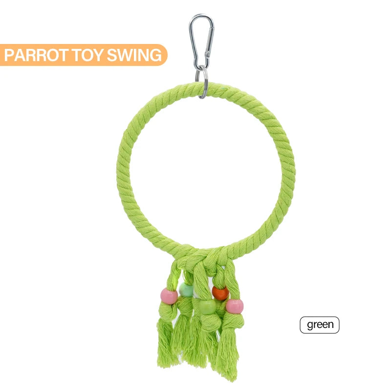 Juguete de cuerda de algodón para loros con anillo colgante y diseño resistente para morder y trepar