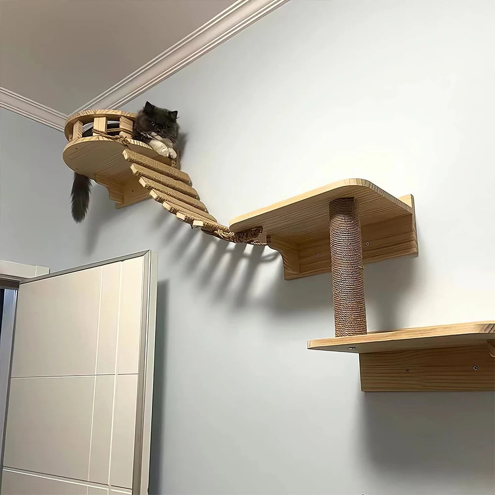 Escalera de araña para gatos de madera con cuerda de sisal y montaje en pared o techo