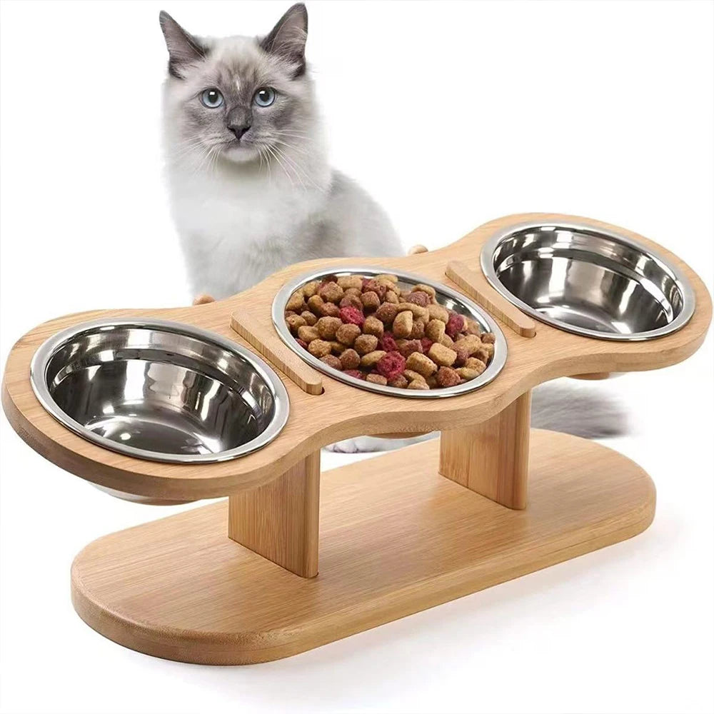 Fuente elevada con 3 cuencos de acero inoxidable para gatos y pequeños perros