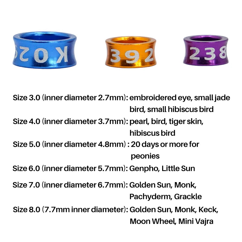 10 Piezas de anillos de pies de aluminio para aves con diámetro variado