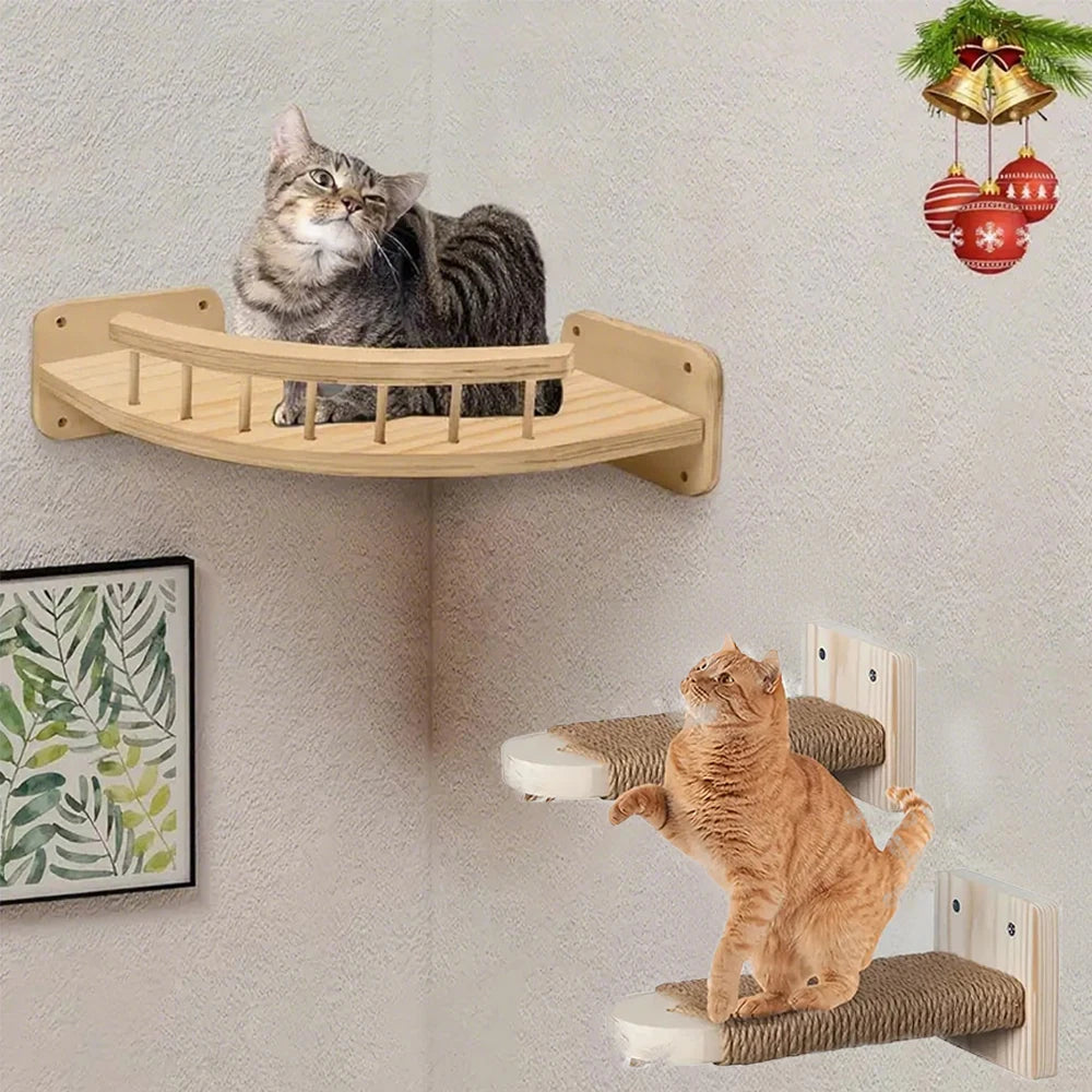 Rascador de tres niveles para gatos con escaleras y mirador