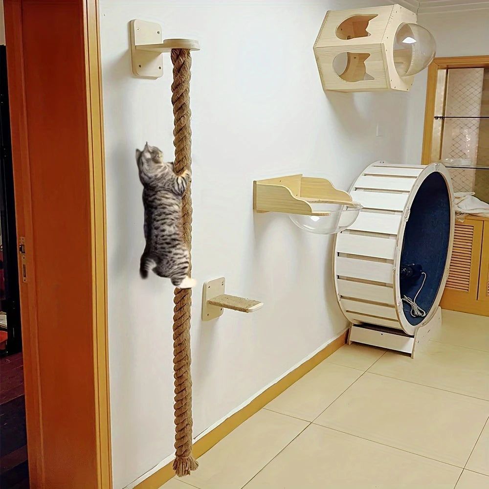Árbol rascador para gatos con estructura de madera y cuerda de sisal, fácil de montar y resistente