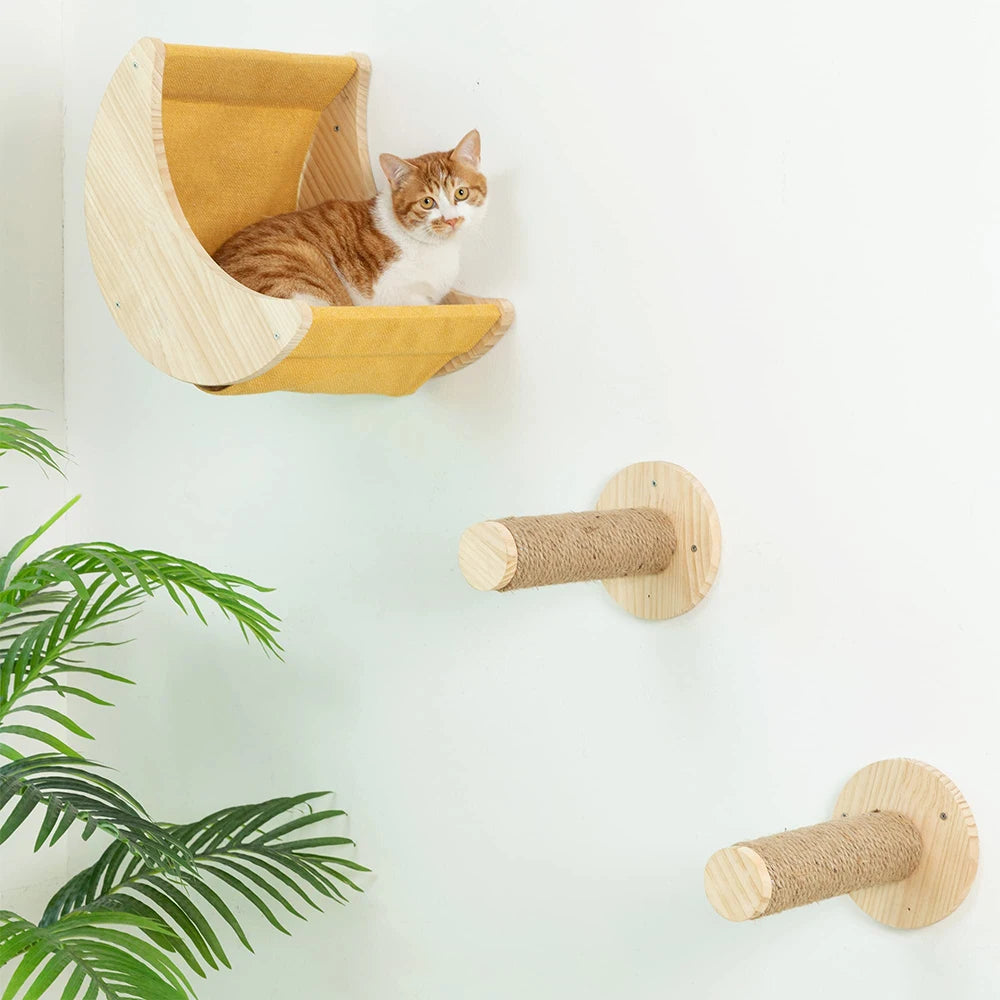 Estantería y escalera de madera sólida para gatos con diseño en pared